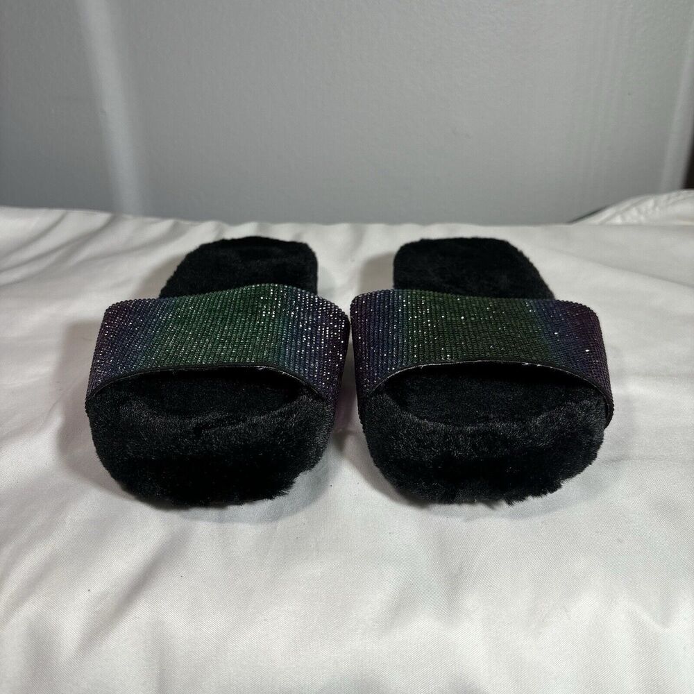INC Women's Faux Fur Rhinestone Slide Sandals 7M Comfort Round Toe Shoes